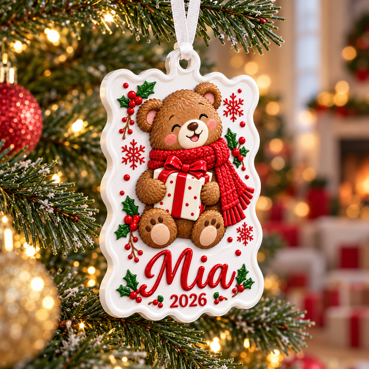 Christmas Teddy Bear with Gift Box Scalloped Holiday Keepsake - 3D Relief Ornament