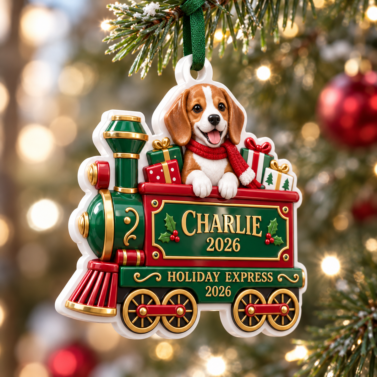 Holiday Express Christmas Train with Stacked Gifts in Green and Red - 3D Relief Ornament
