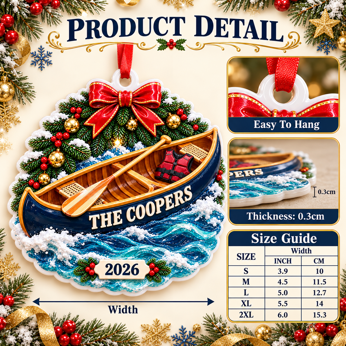 Canoe Boat on Ocean Waves with Pine and Bow Holiday Keepsake - 3D Relief Ornament