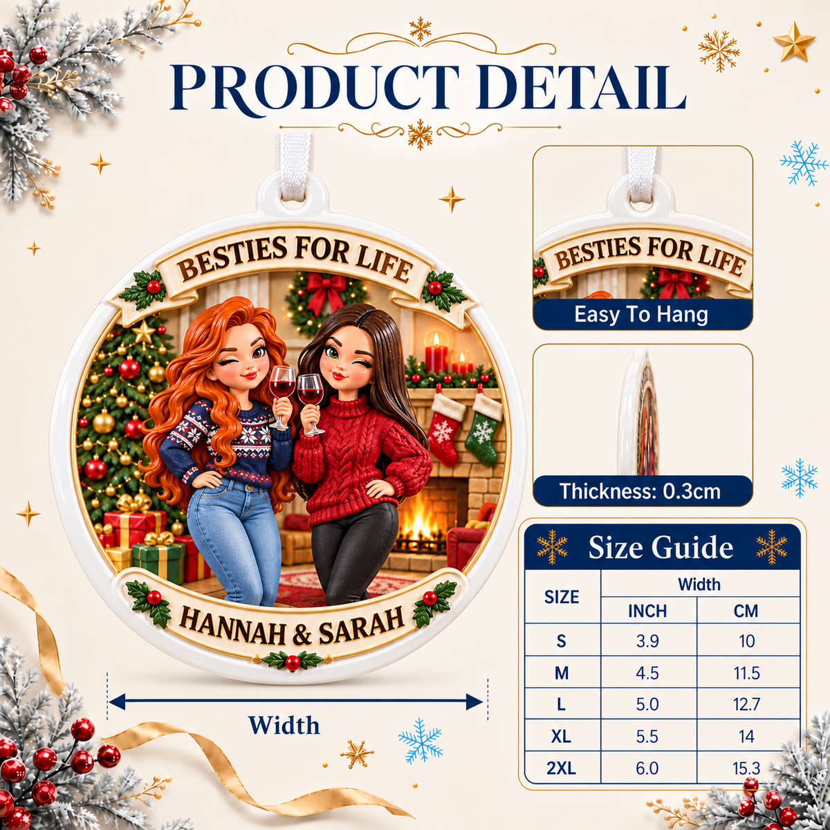 Best Friends Wine By Fireplace Christmas Holiday Medallion - 3D Relief Ornament