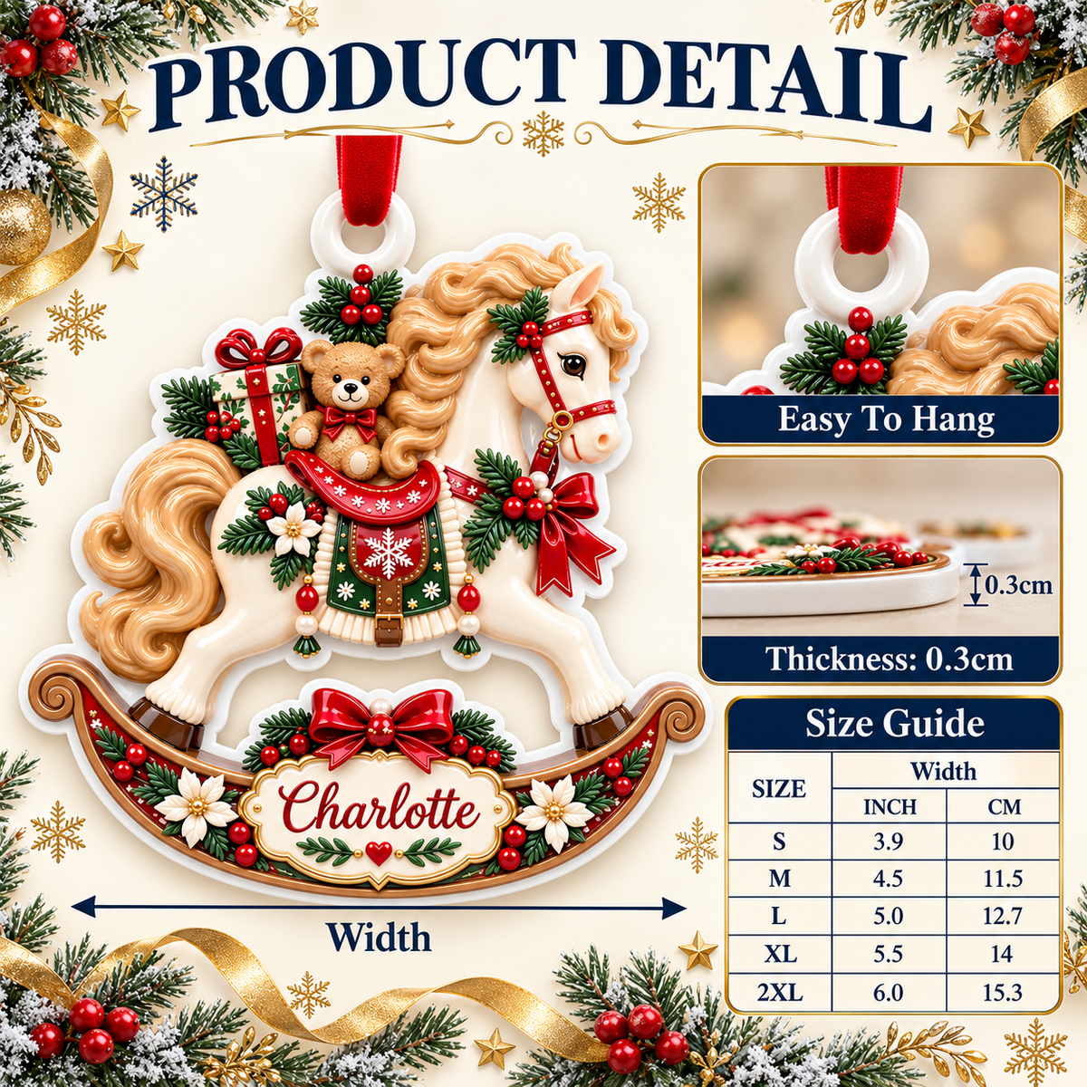 Vintage Rocking Horse with Teddy Bear and Christmas Holly Accent - 3D Relief Ornament
