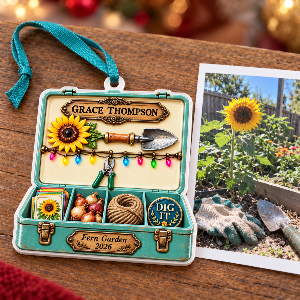 Gardening Toolbox with Seeds Trowel and Sunflower - 3D Relief Ornament