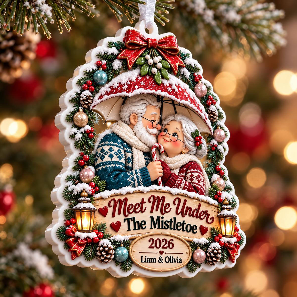 Elderly Couple Under Umbrella Holiday Tree Hanging - 3D Relief Ornament