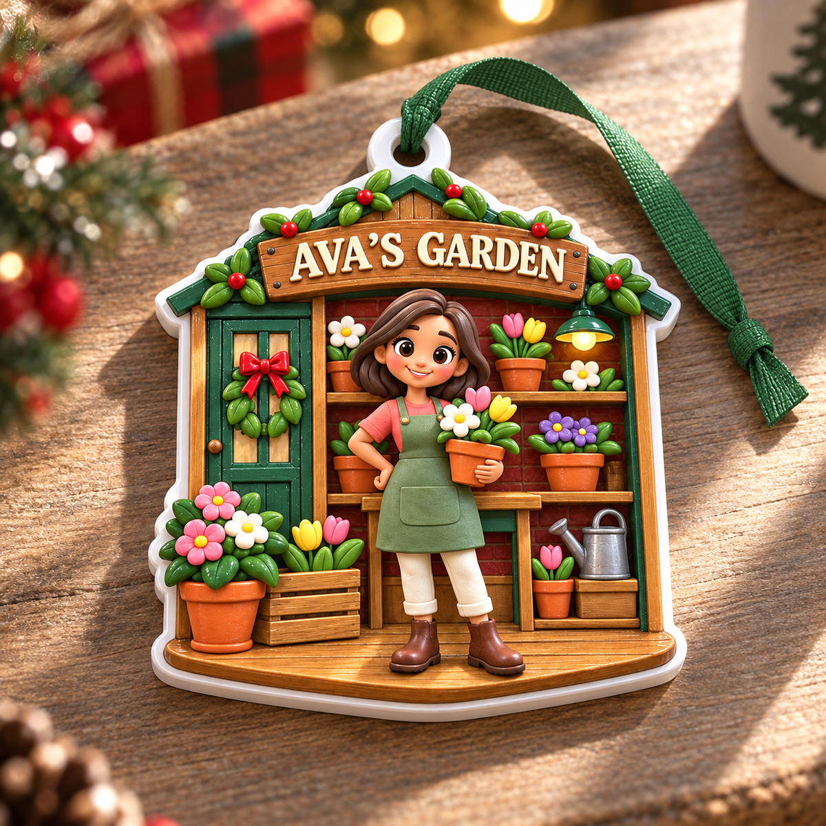 Female Gardener Potting Shed Flowers and Greenhouse Scene Hanging Keepsake - 3D Relief Ornament