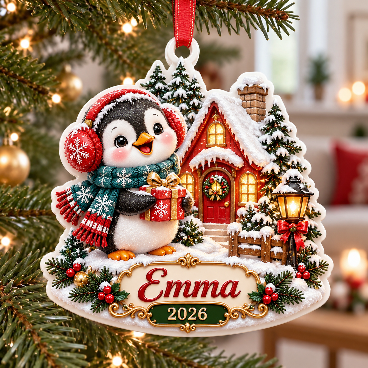Winter Penguin and Snowy Cottage Holiday Tree Hanging Keepsake - 3D Relief Ornament