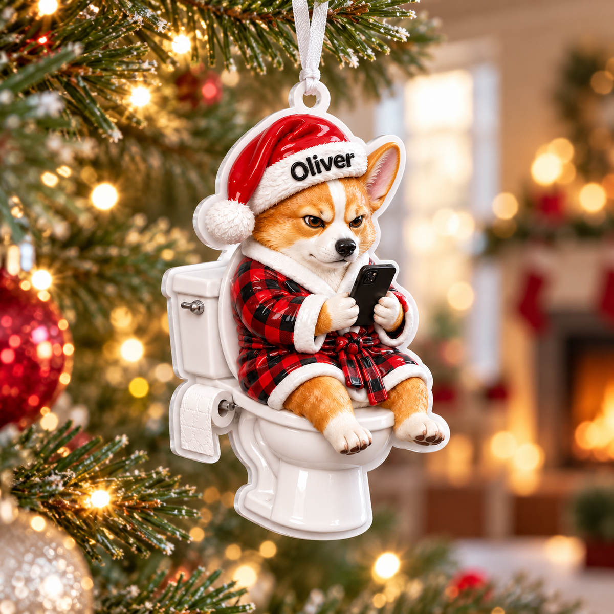 Corgi Dog on Toilet in Plaid Robe Christmas Holiday Tree Hanging Decor - 3D Relief Ornament