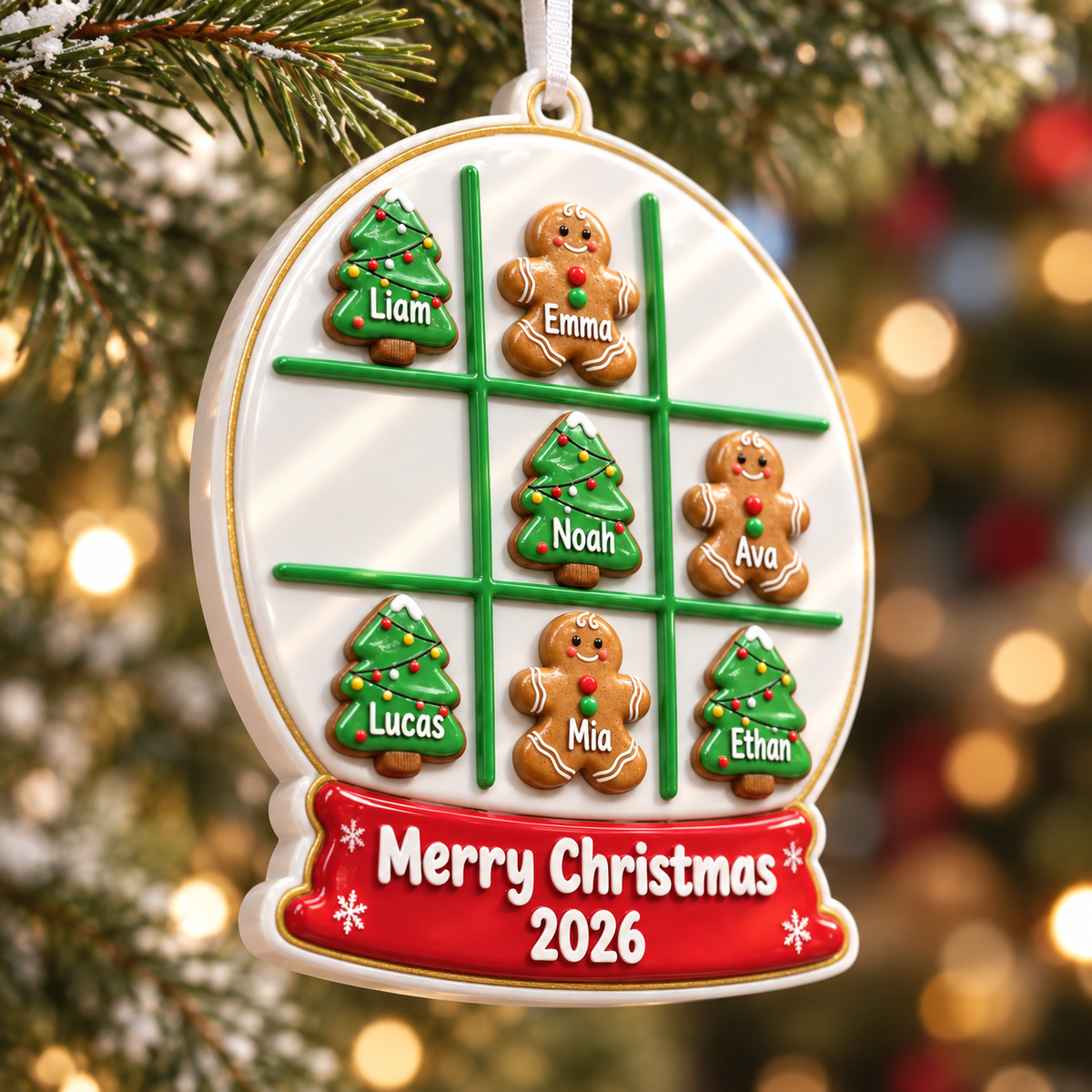 Christmas Tree and Gingerbread Man Tic Tac Toe Snow Globe Hanging Decor - 3D Relief Ornament