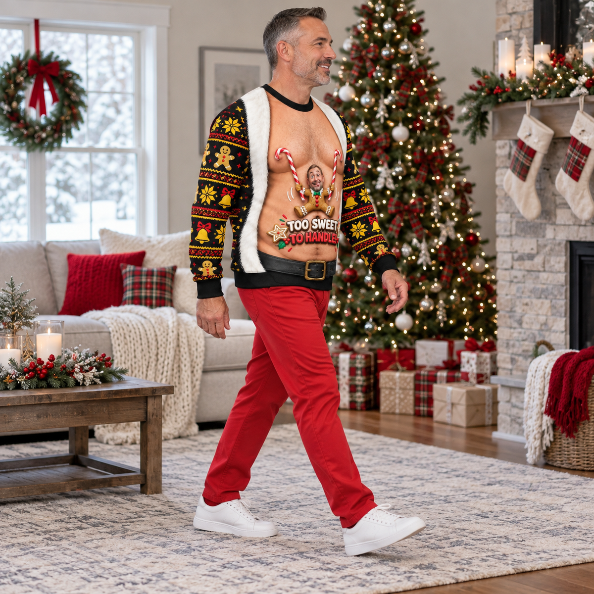 Funny Christmas Sweatshirt Faux Hairy Chest Holiday Graphic Crewneck