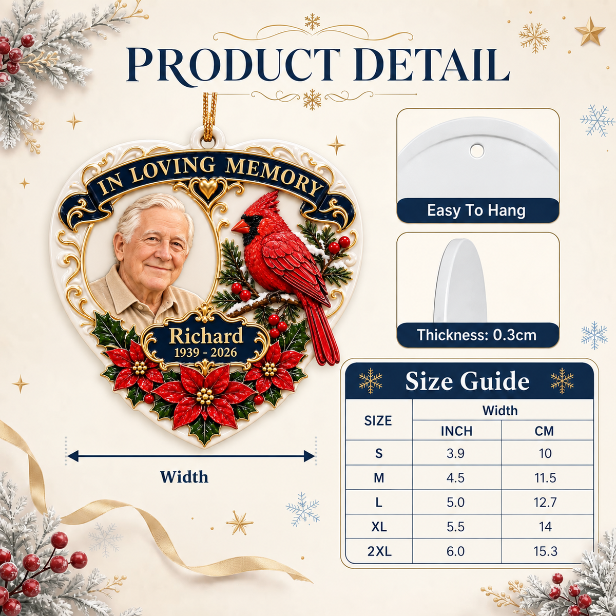 Heart Memorial Keepsake with Red Cardinal and Poinsettia Accents - 3D Relief Ornament