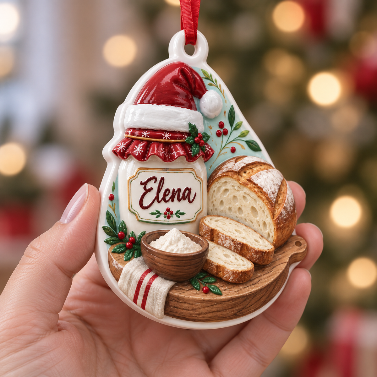 Sourdough Bread Baker Christmas Decoration with Starter Jar and Sliced Loaf - 3D Relief Ornament