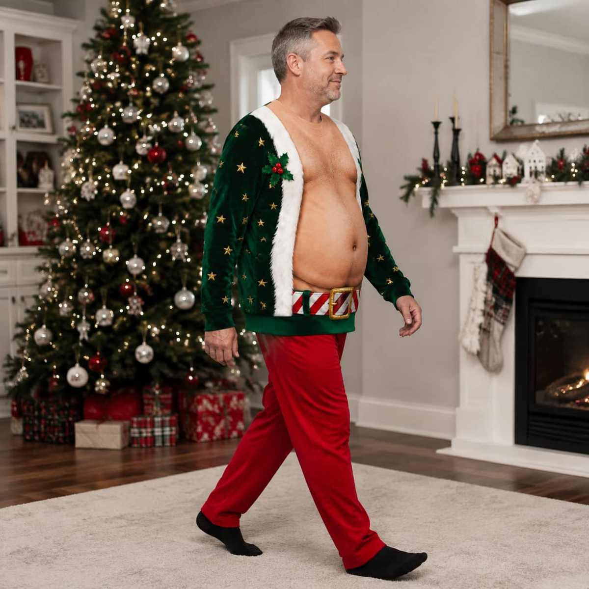 Funny Ugly Christmas Sweatshirt Fake Bare Chest Belly Graphic Crewneck