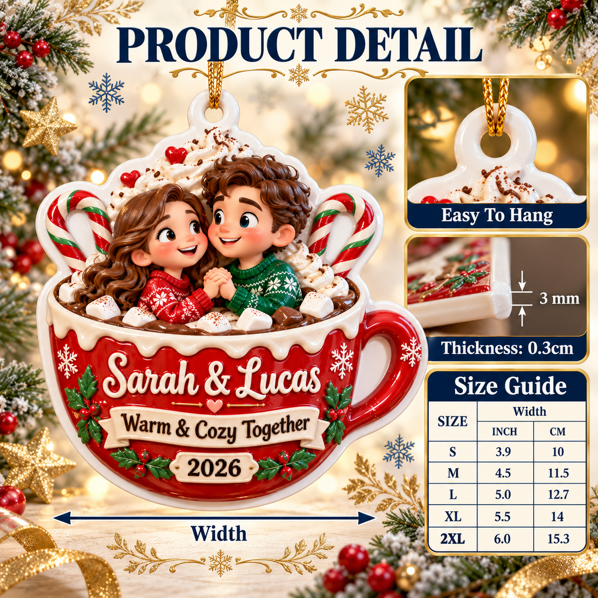 Couple in Hot Cocoa Mug Holiday Tree Hanging Decor - 3D Relief Ornament