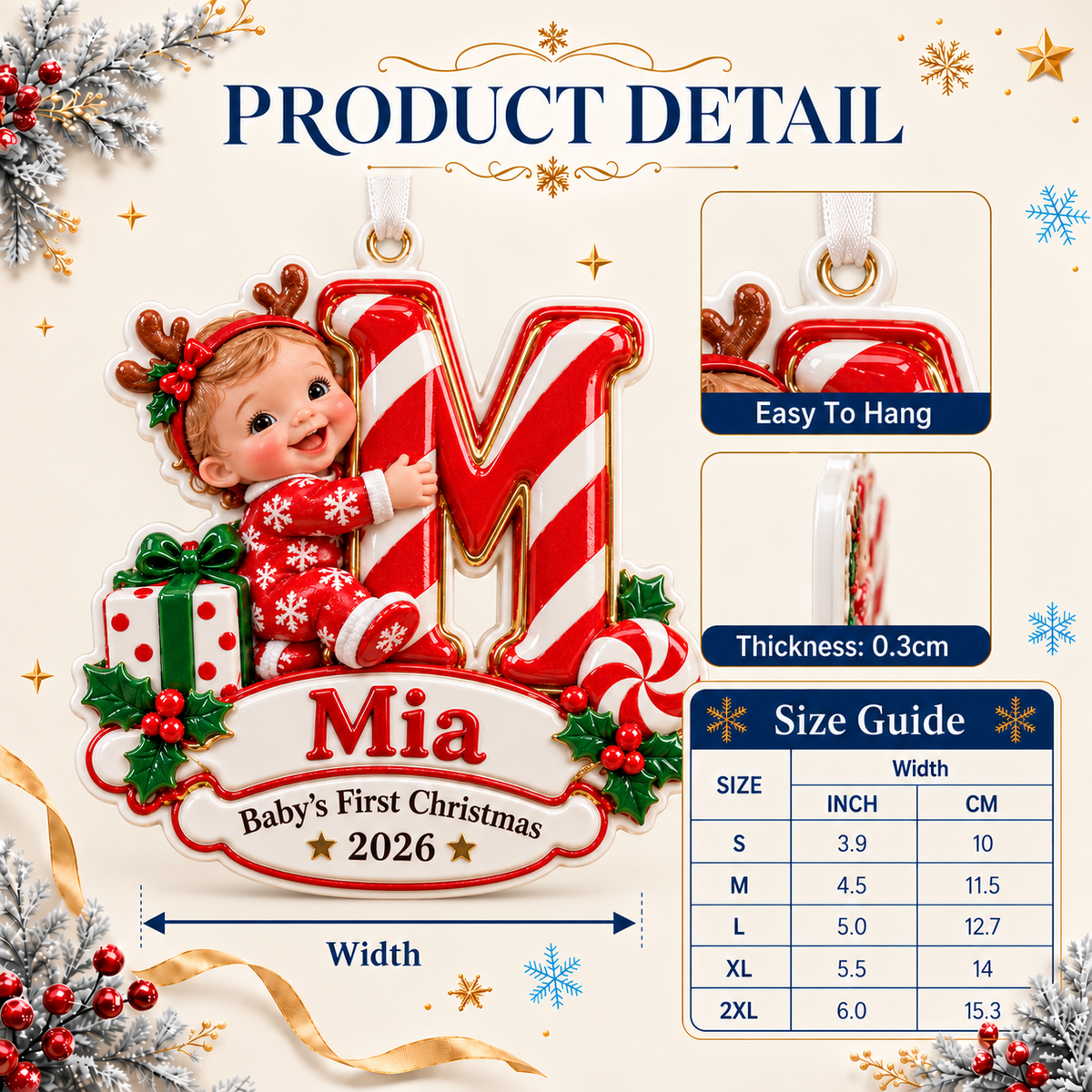 Baby First Christmas Initial Letter M Keepsake with Candy Cane Stripe - 3D Relief Ornament