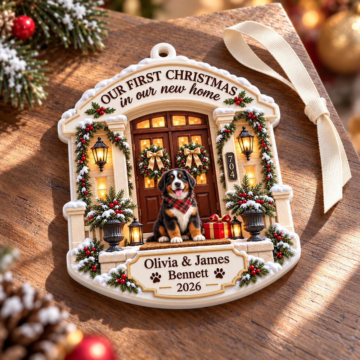 First Christmas New Home Front Porch Bernese Mountain Dog Hanging Keepsake - 3D Relief Ornament