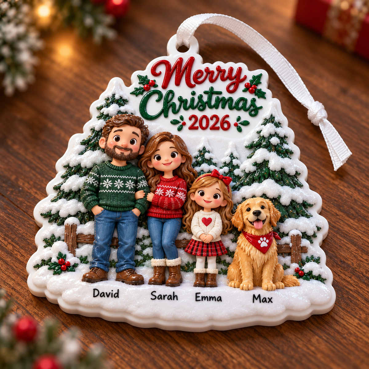 Family of Three with Dog Snowy Pine Tree Hanging Holiday Keepsake - 3D Relief Ornament