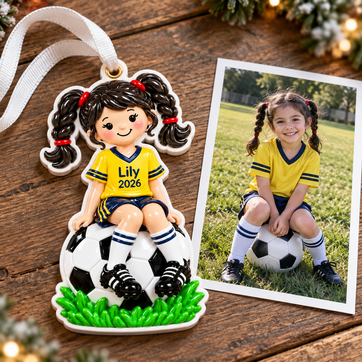 Soccer Player Girl in Yellow Jersey Sitting on Ball Hanging Holiday Keepsake - 3D Relief Ornament