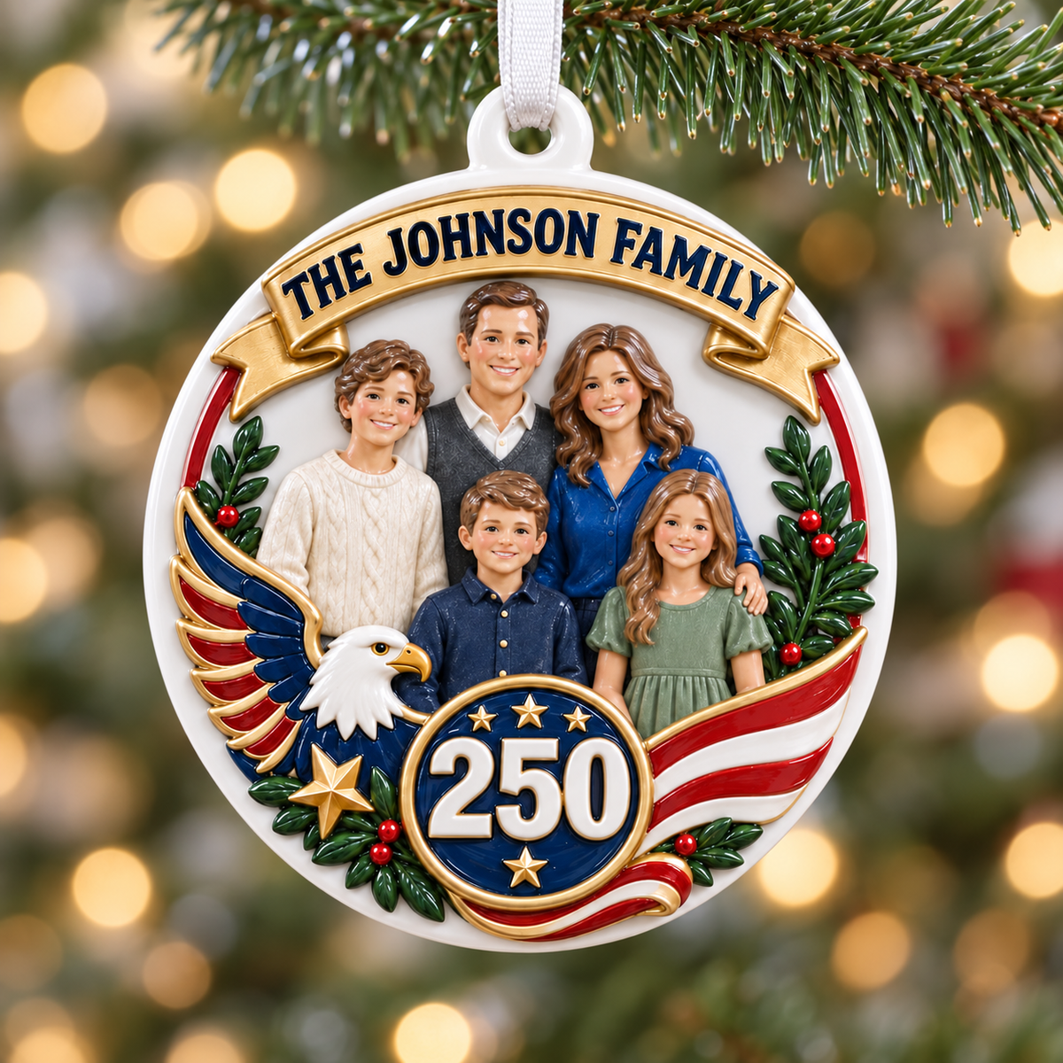 Christmas Tree Hanging Medallion Patriotic American 250 Family Portrait - 3D Relief Ornament