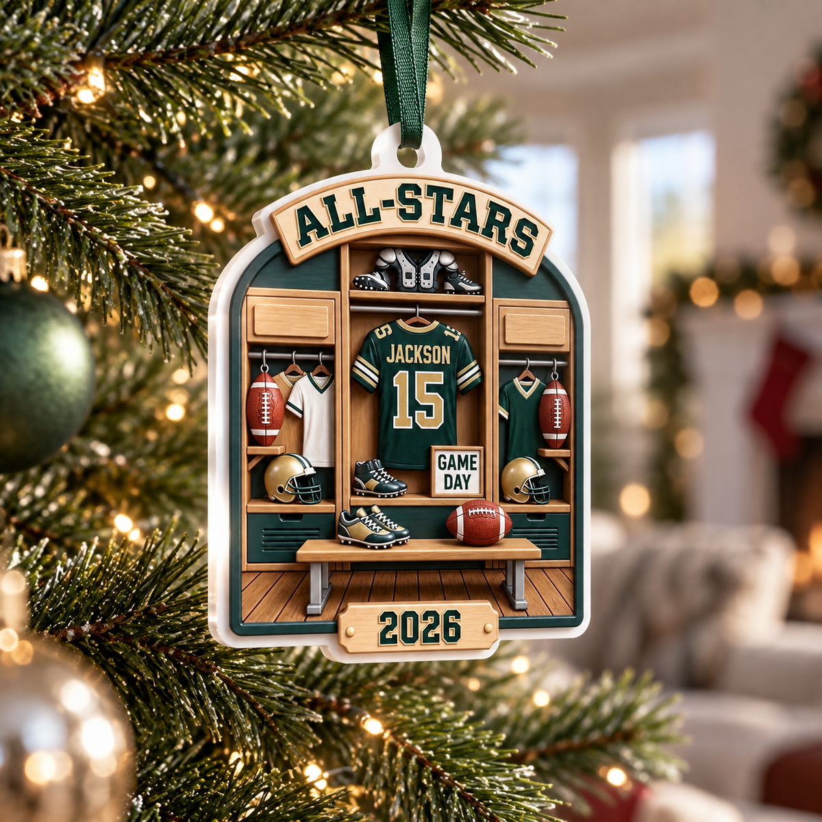 Football Locker Room Holiday Keepsake, Green and Gold Sports Gear Design - 3D Relief Ornament