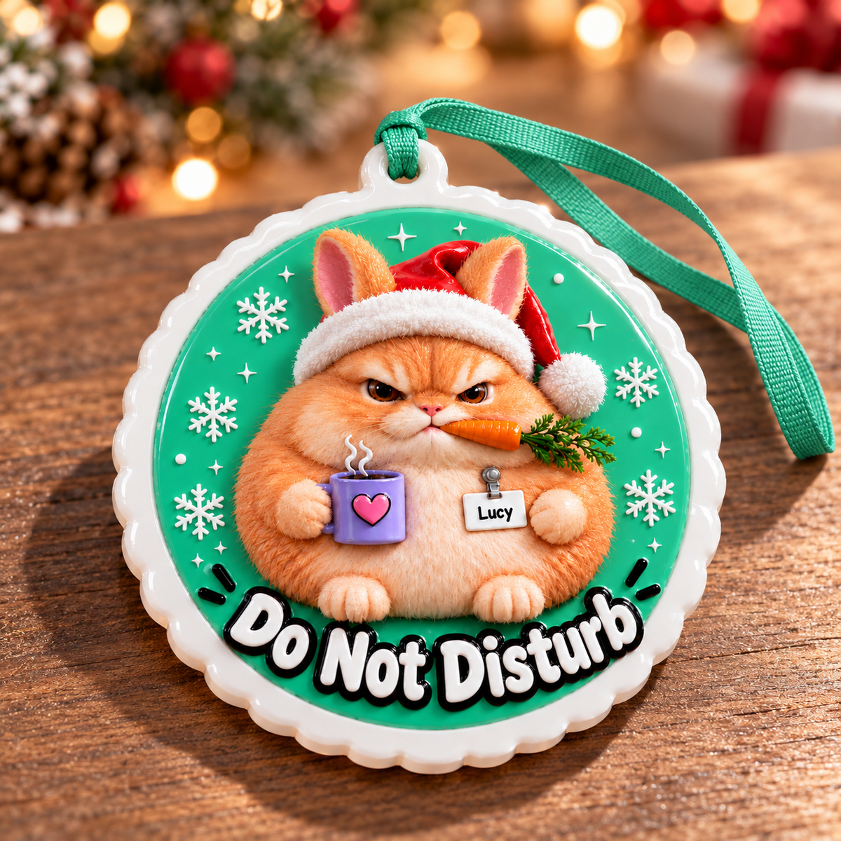 Grumpy Fluffy Bunny in Santa Hat with Coffee Cup Medallion - 3D Relief Ornament