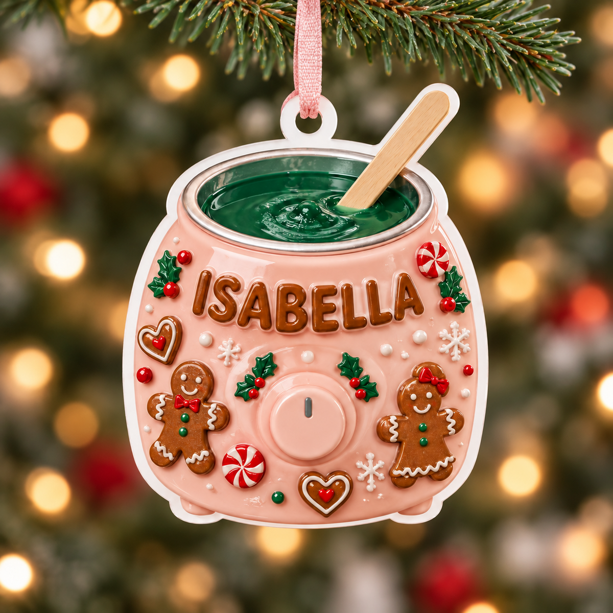 Pink Wax Warmer Esthetician Holiday Gingerbread Tree Decor - 3D Relief Ornament