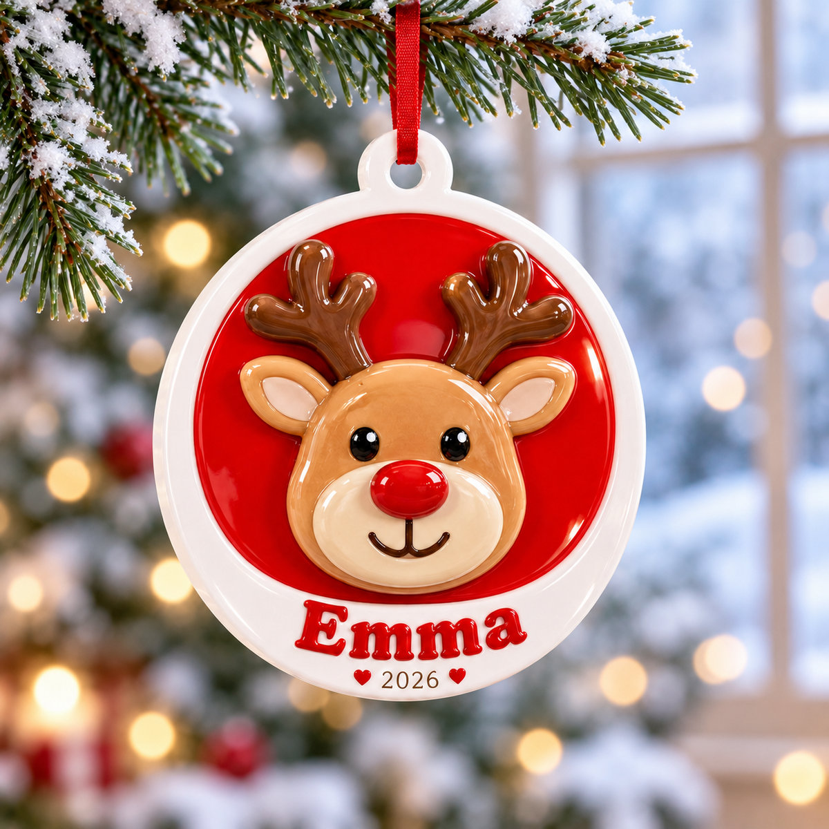 Red and White Round Christmas Reindeer Keepsake - 3D Relief Ornament