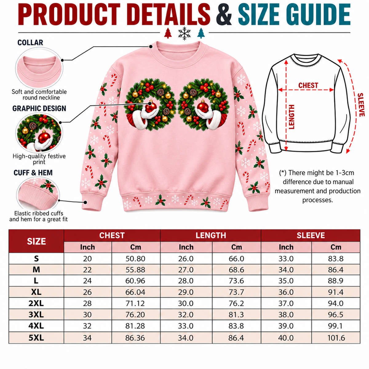 Christmas Sweatshirt with Funny Wreath Ornaments Holiday Crewneck