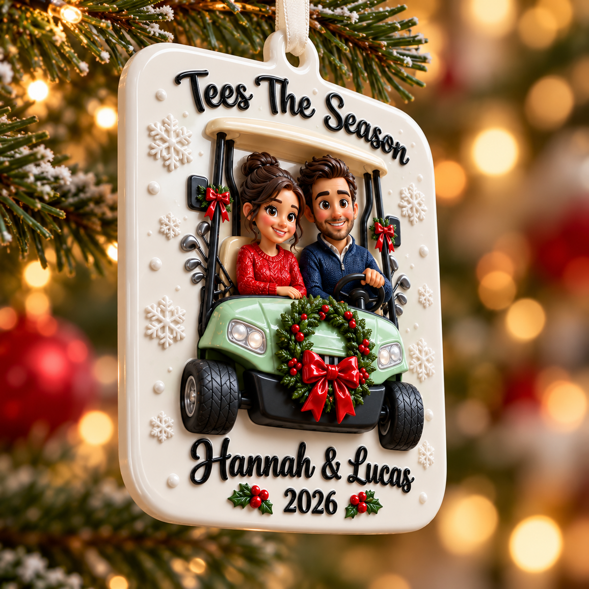 Golf Cart Couple Christmas Holiday Keepsake Plaque - 3D Relief Ornament