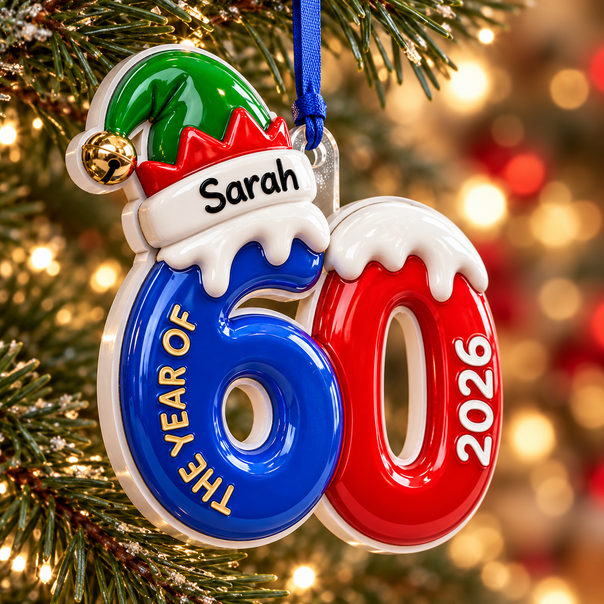 Milestone Birthday Number 60 Elf Hat Acrylic Hanging Keepsake - 3D Relief Ornament