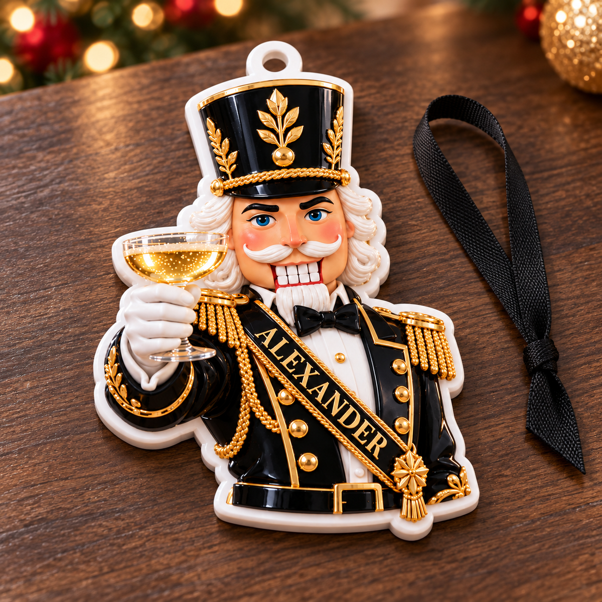 Black and Gold Soldier Nutcracker Toasting Champagne Holiday Tree Decor - 3D Relief Ornament