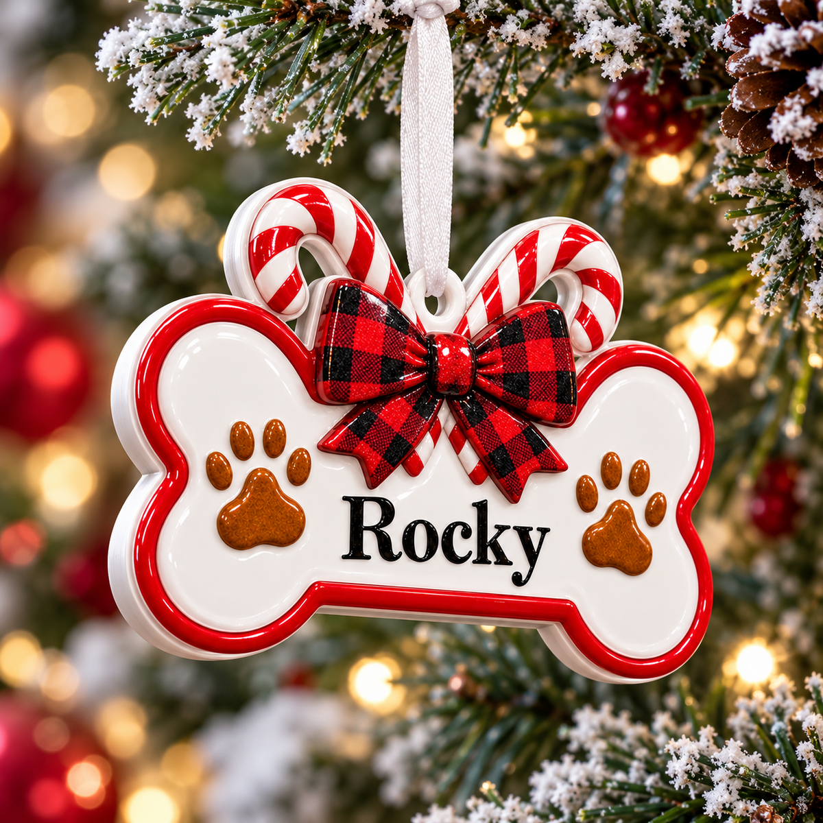 Dog Bone Holiday Keepsake with Candy Canes and Plaid Ribbon Bow - 3D Relief Ornament