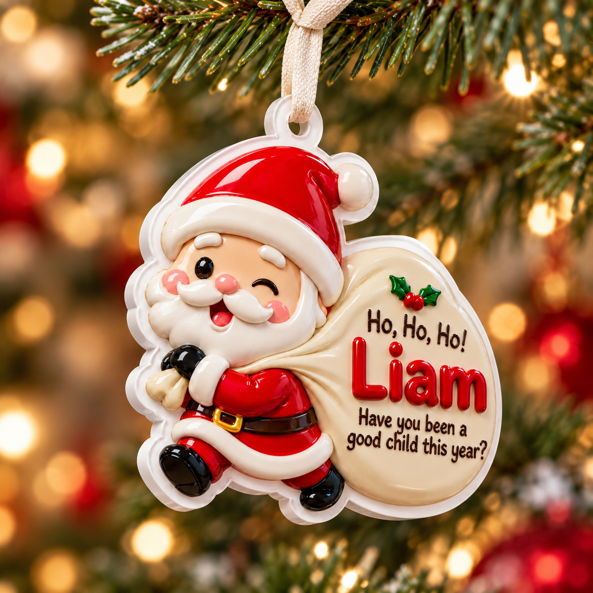 Santa Claus Silhouette White Acrylic Christmas Tree Holiday Hanging Decor - 3D Relief Ornament