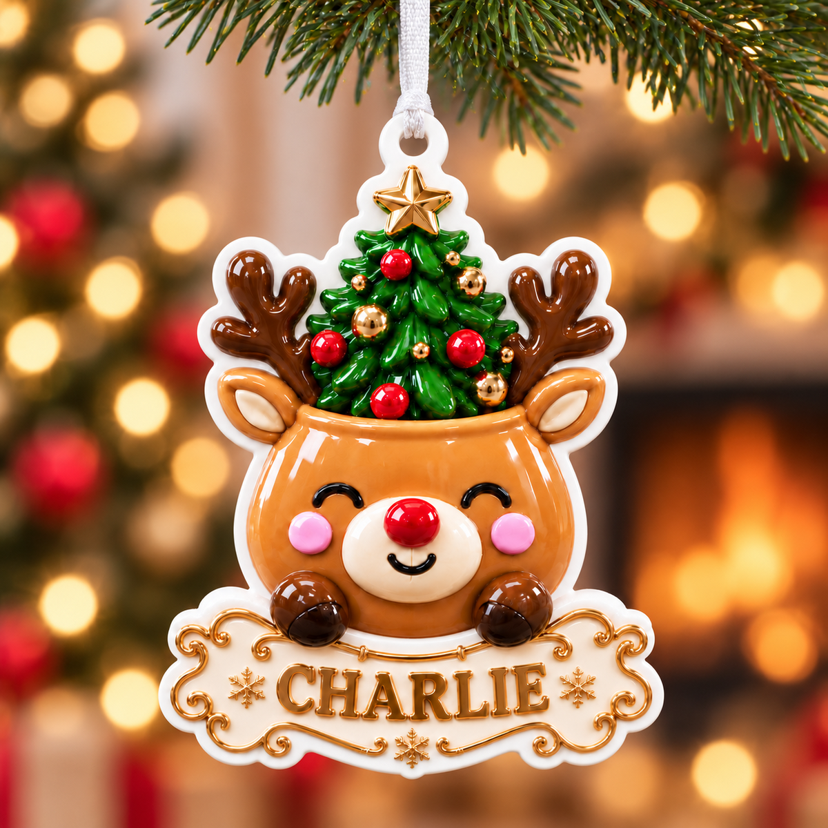 White Ceramic Scalloped Crest Holiday Tree Hanging Decoration - 3D Relief Ornament