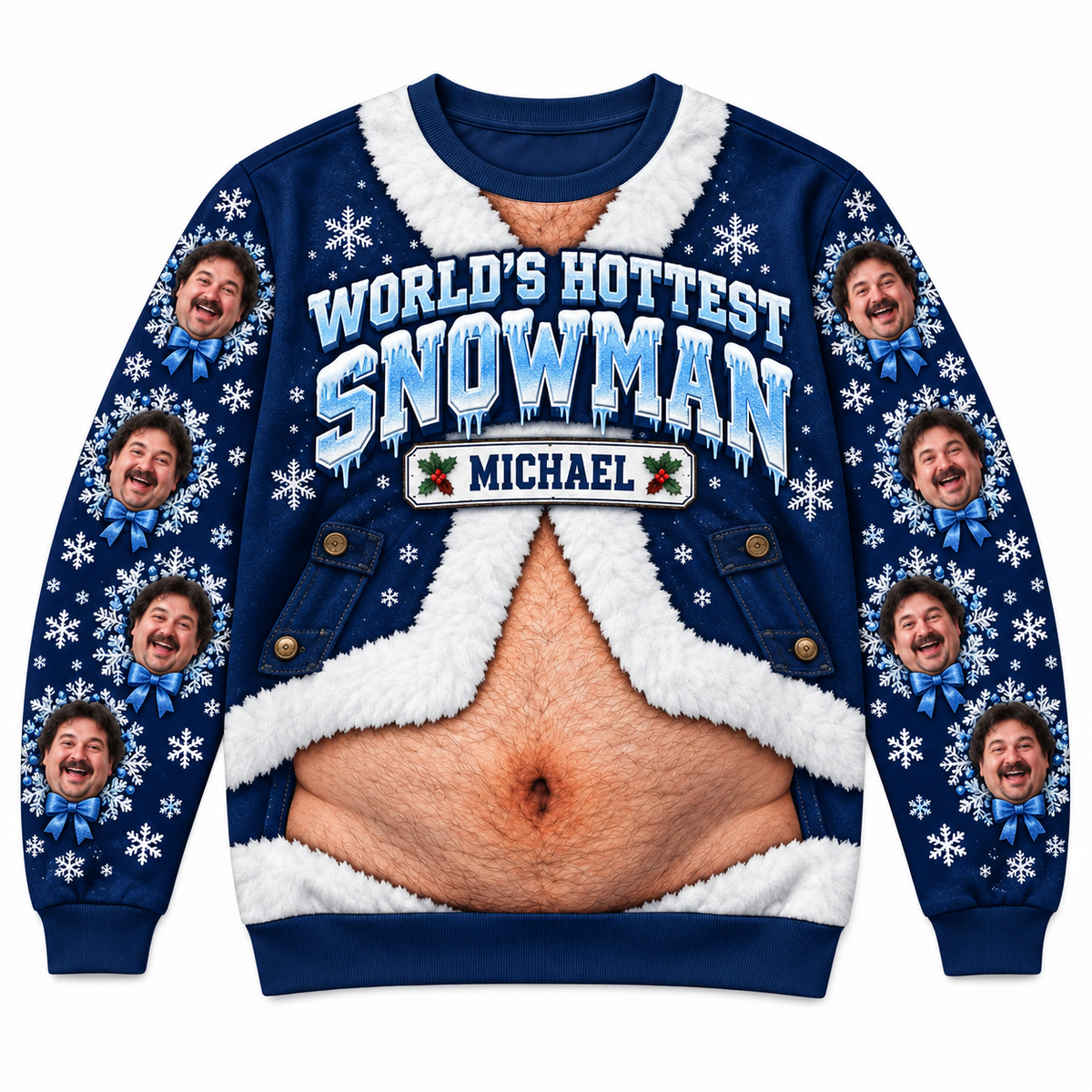 Funny Christmas Sweatshirt Hairy Belly Print Holiday Crewneck