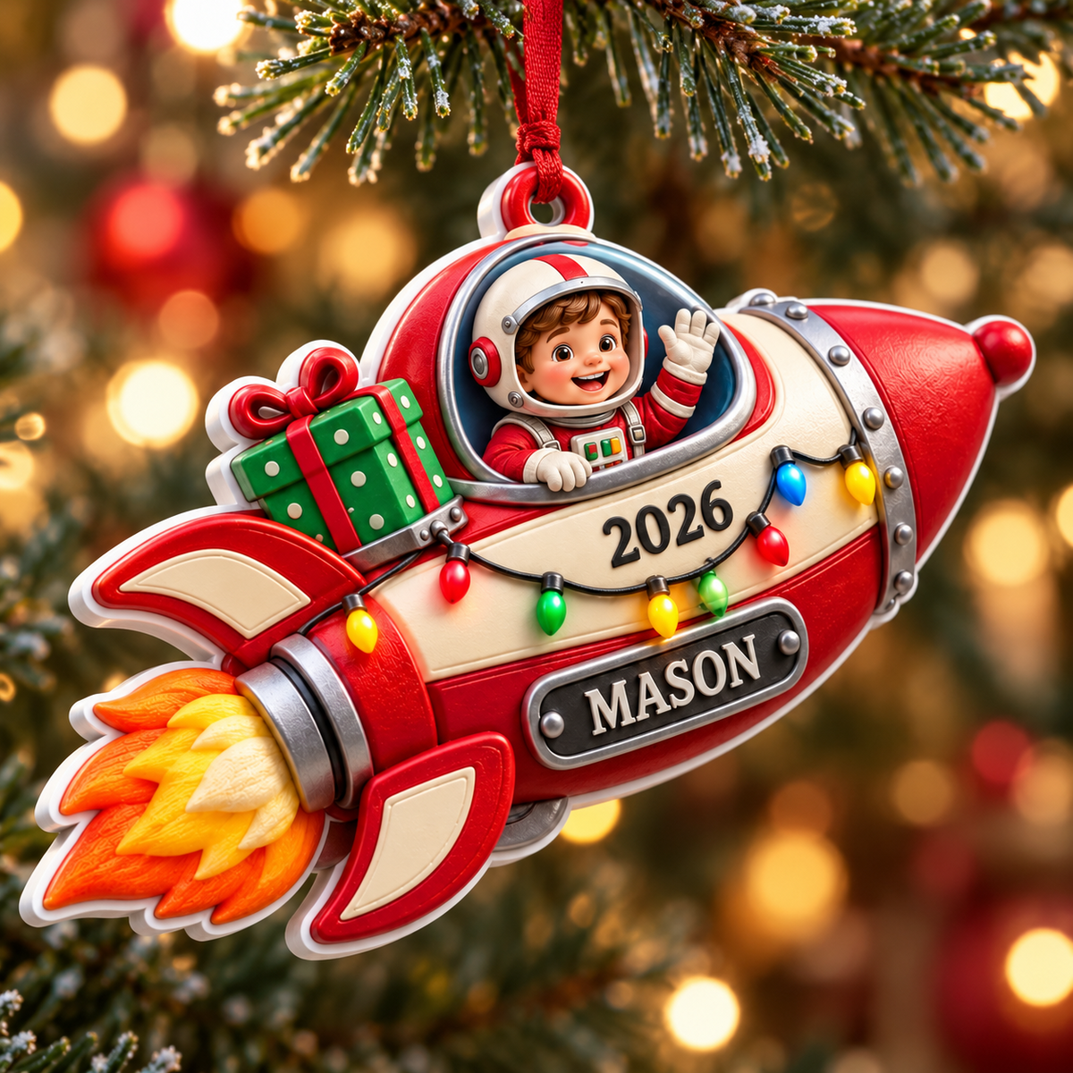 Astronaut Boy Flying Red Rocket Ship Holiday Tree Hanging Decor - 3D Relief Ornament