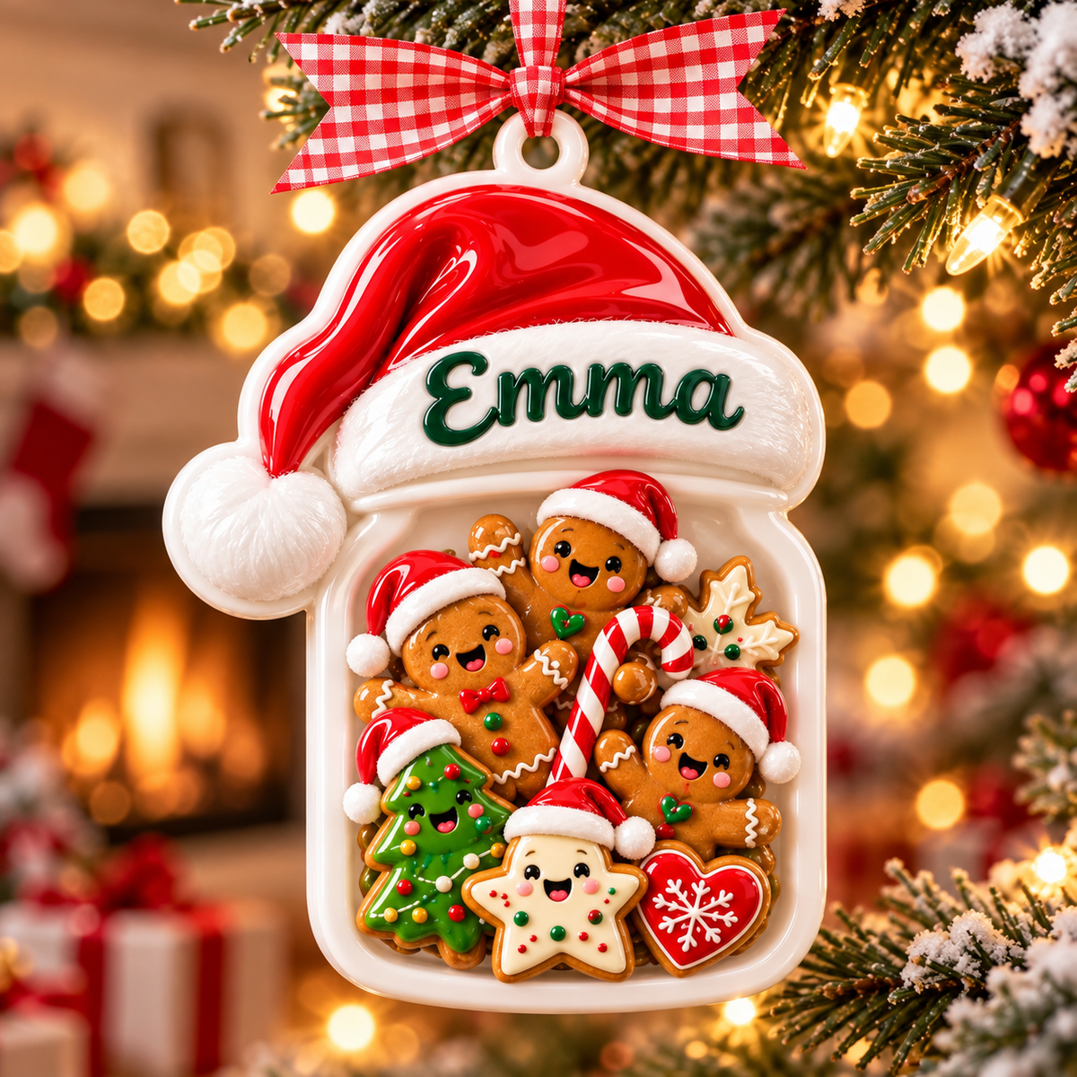 Gingerbread Cookie Jar with Santa Hat Holiday Hanging Keepsake - 3D Relief Ornament