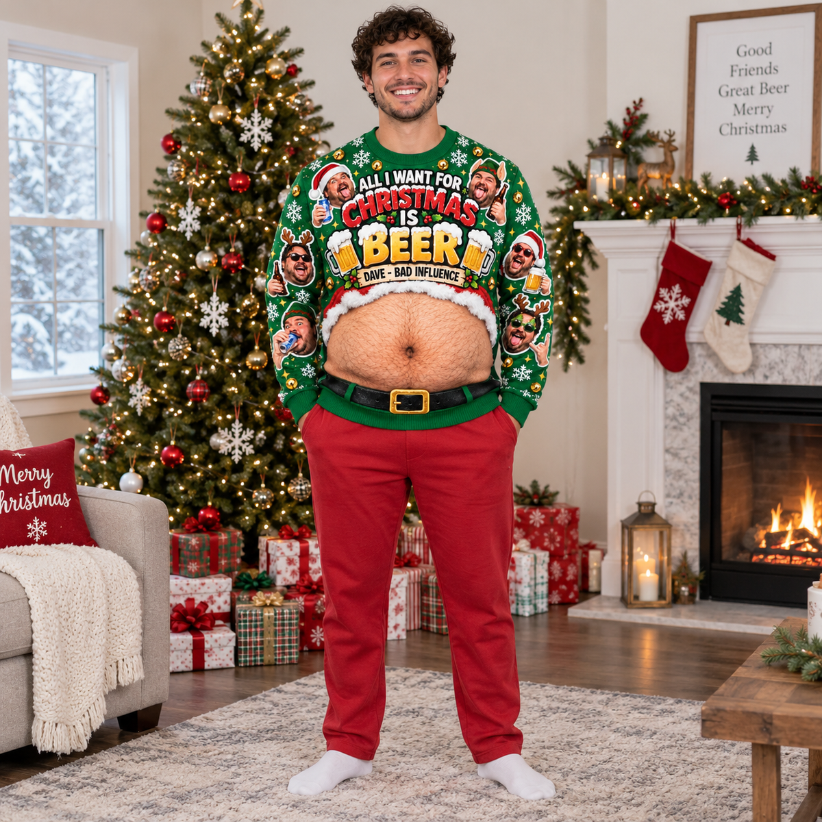 Beer Belly Christmas Sweatshirt Novelty Fake Hairy Stomach Pullover