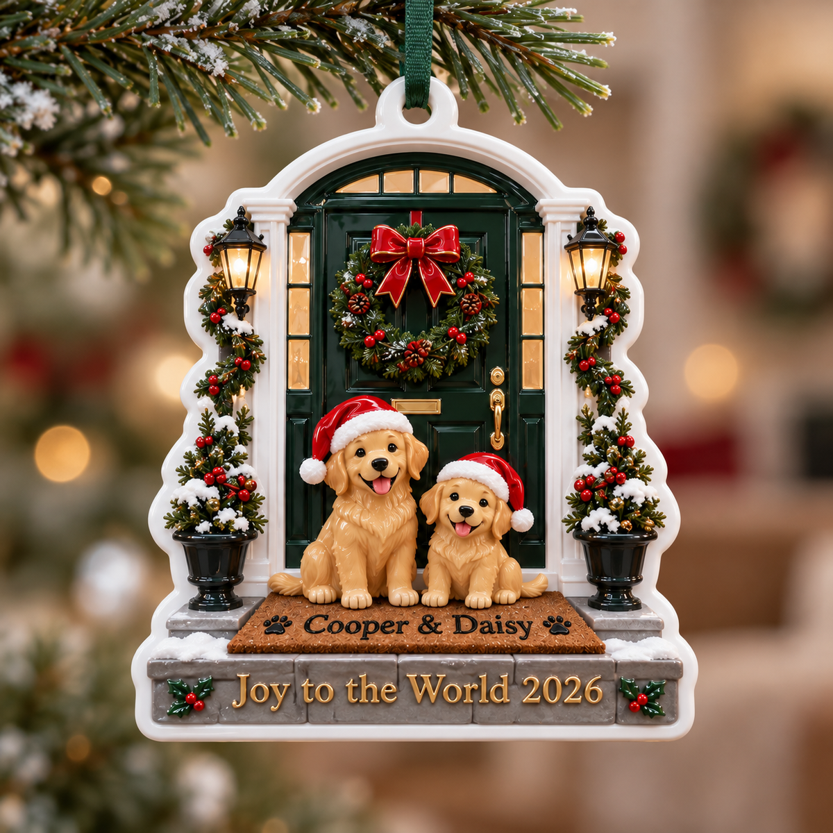 Golden Retriever Dogs at Christmas Front Door Holiday Keepsake - 3D Relief Ornament