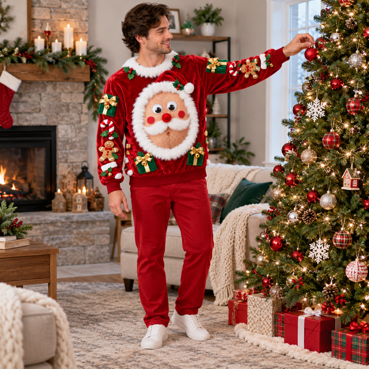 Funny Christmas Sweatshirt Hairy Belly Graphic Ugly Holiday Pullover