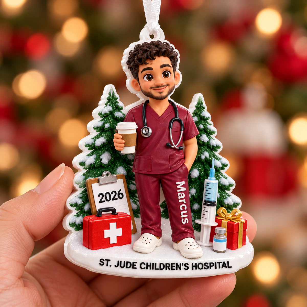 Male Nurse in Maroon Scrubs Healthcare Worker Christmas Tree - 3D Relief Ornament