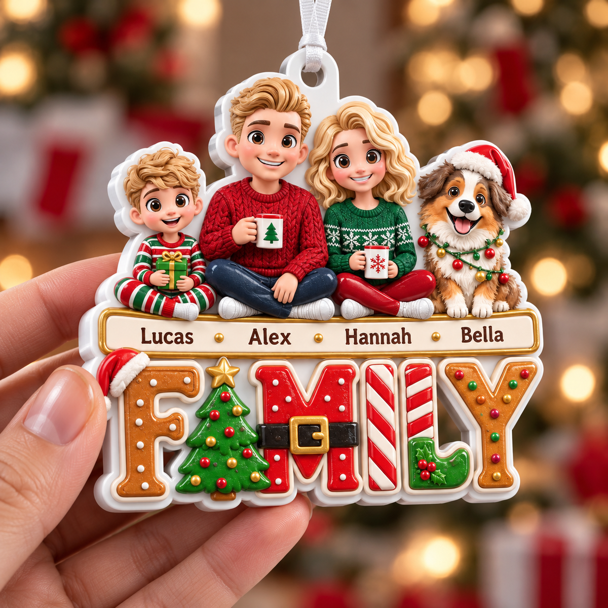 Family and Dog Christmas Tree Ornament, Acrylic Holiday Hanging Decor