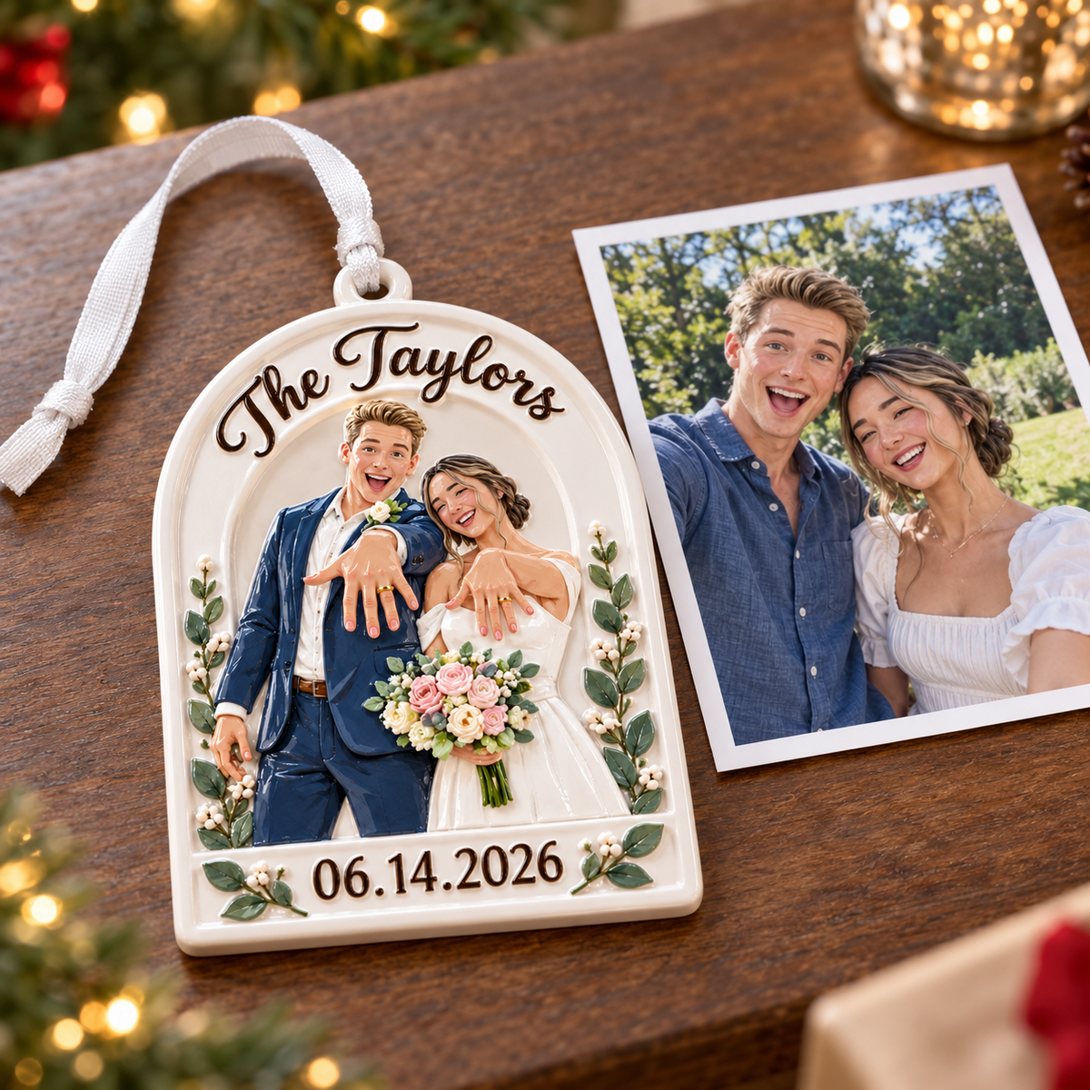 Newlywed Wedding Couple Arch Hanging Keepsake with Ribbon - 3D Relief Ornament