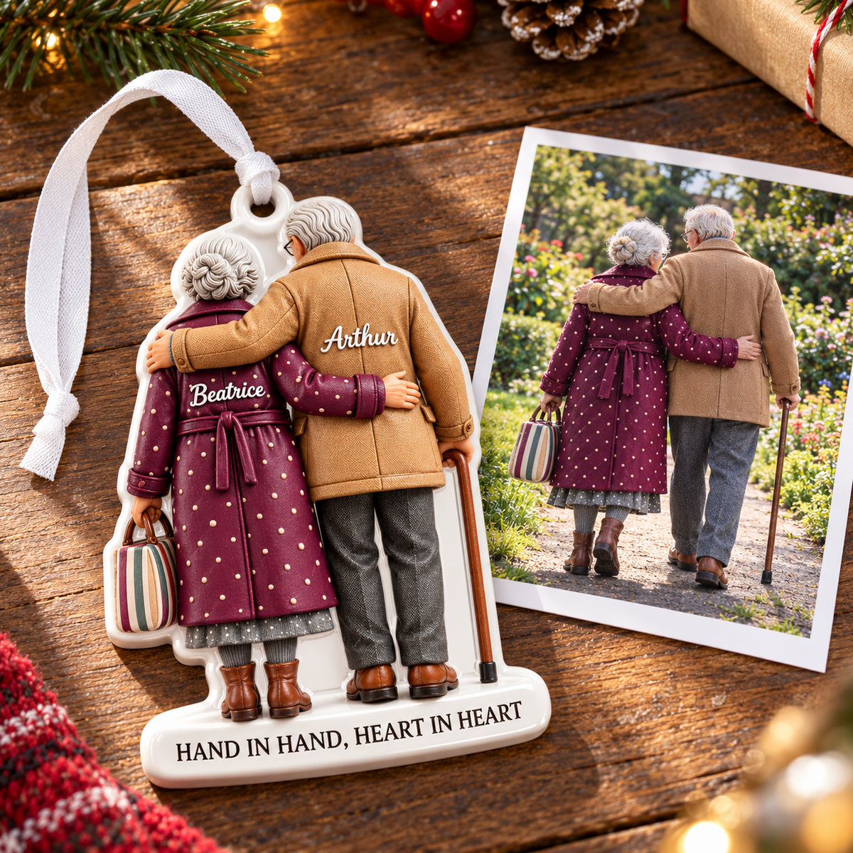 Grandparents Holiday Tree Keepsake, Elderly Couple Embracing Design - 3D Relief Ornament