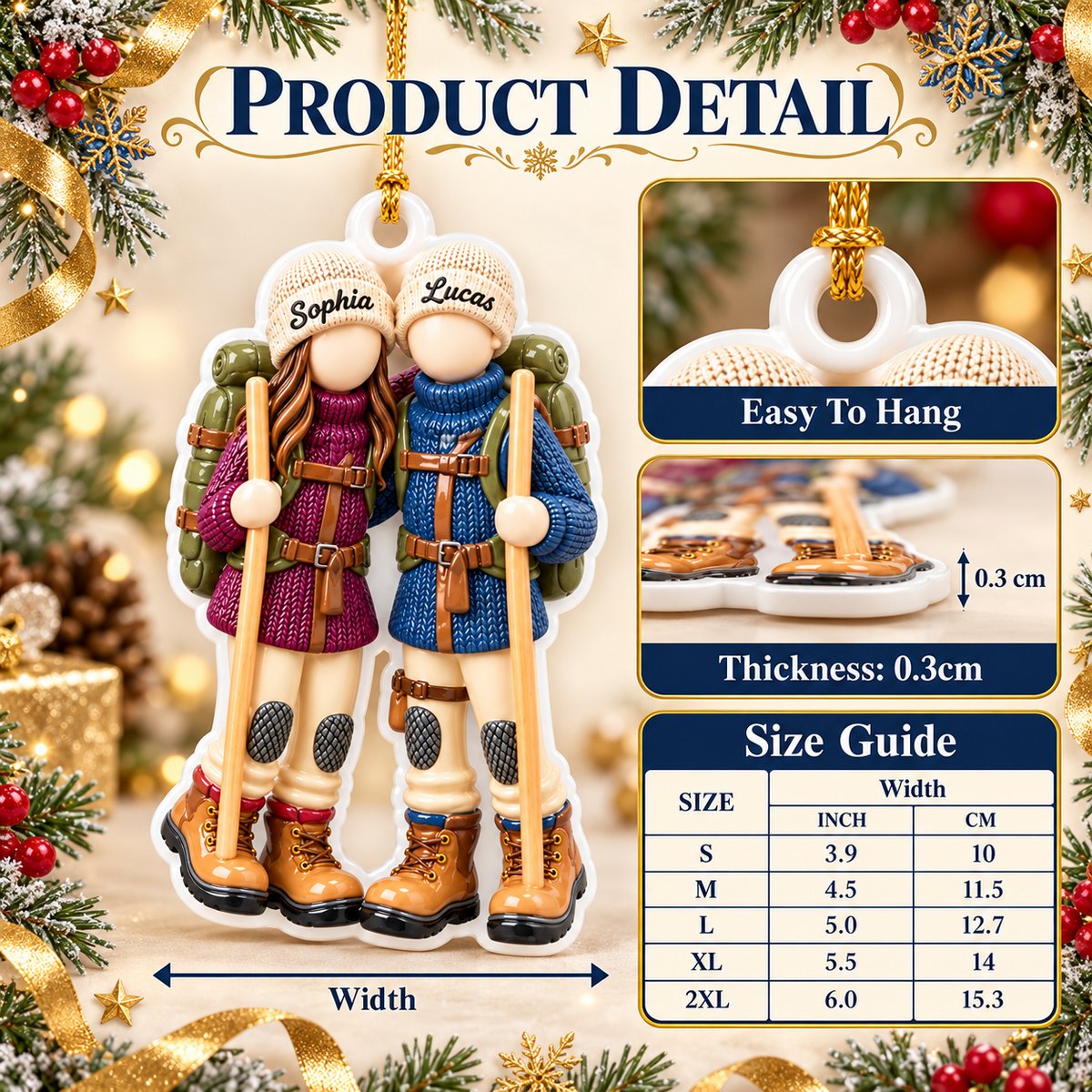 Hiking Couple with Backpacks and Trekking Poles Acrylic Hanging Keepsake - 3D Relief Ornament