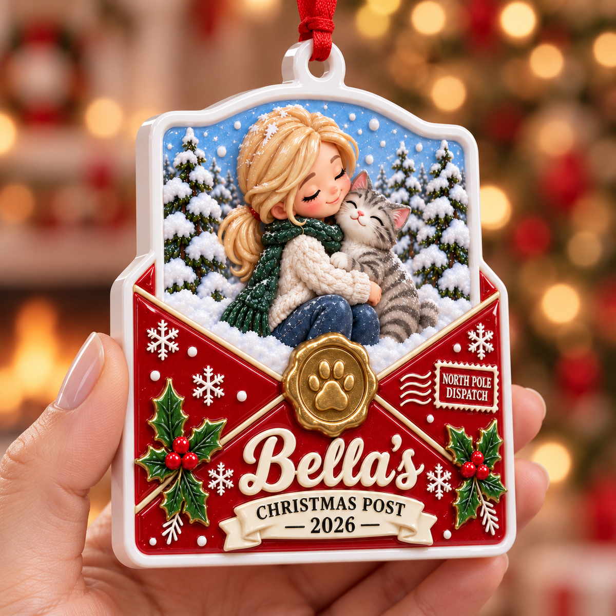 Christmas Red Envelope Winter Forest Scene with Pet Paw Wax Seal - 3D Relief Ornament
