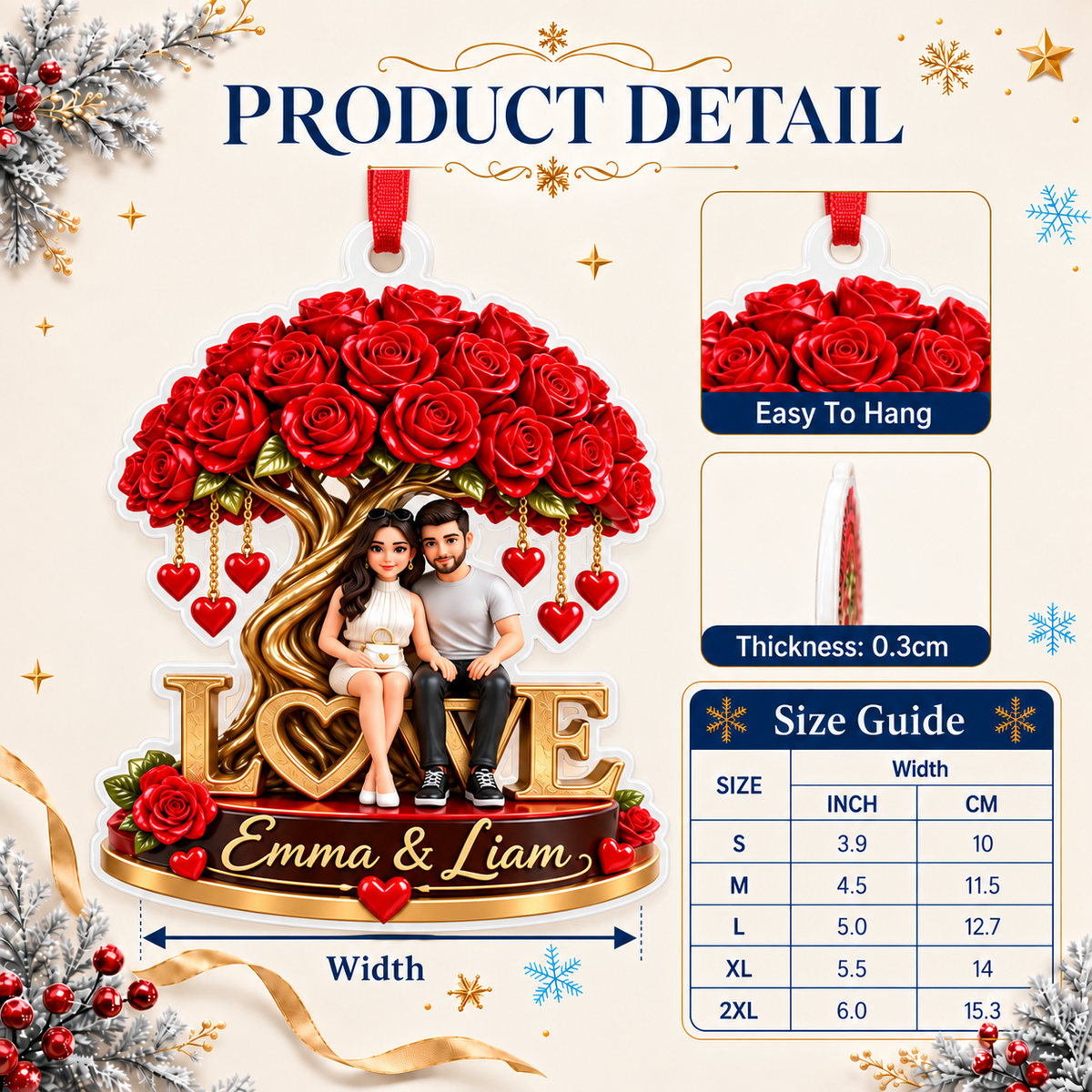 Couple Sitting Under Red Rose Tree Love Keepsake Acrylic Hanging Decor - 3D Relief Ornament