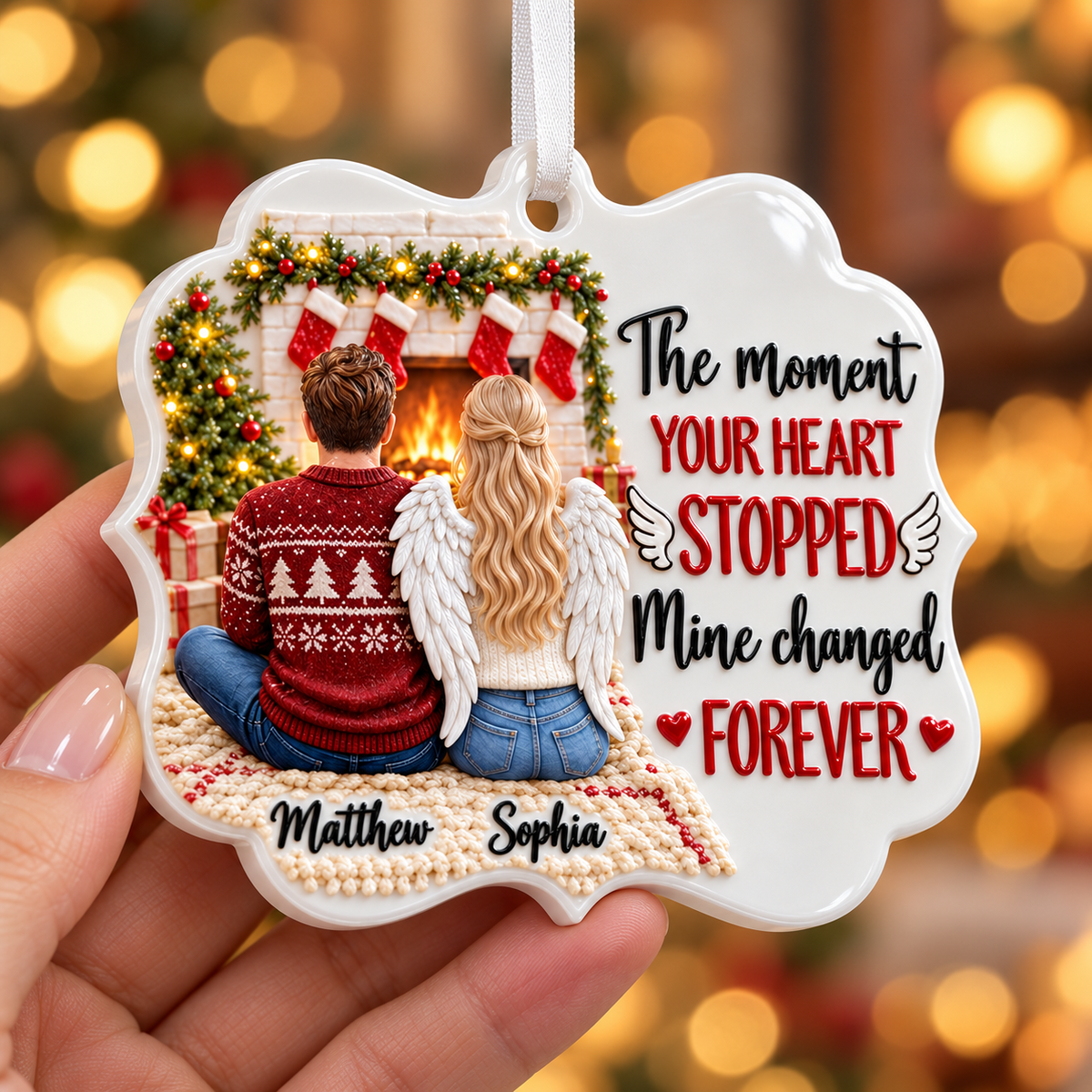 Couple Memorial Fireplace Scene with Angel Wings Bracket Shape Acrylic Hanging Keepsake - 3D Relief Ornament