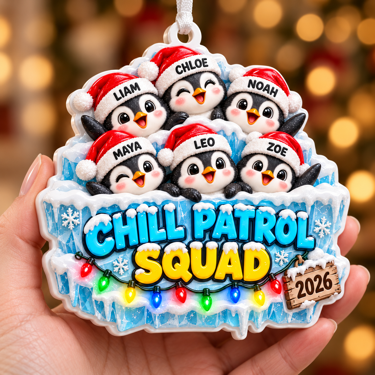 Winter Penguin Family Chill Patrol Squad Hanging Acrylic Holiday Decor - 3D Relief Ornament