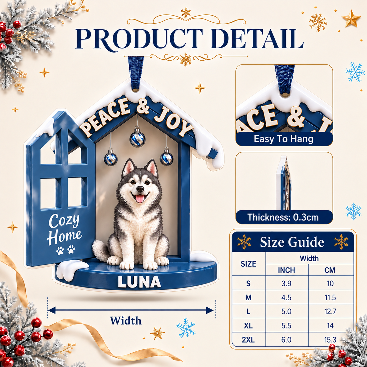Blue Siberian Husky Dog House Holiday Christmas Tree Hanging Decor - 3D Relief Ornament