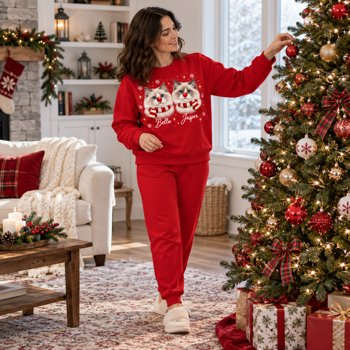 Christmas Cat Sweatshirt Holiday Graphic Red Nose Pet Crewneck