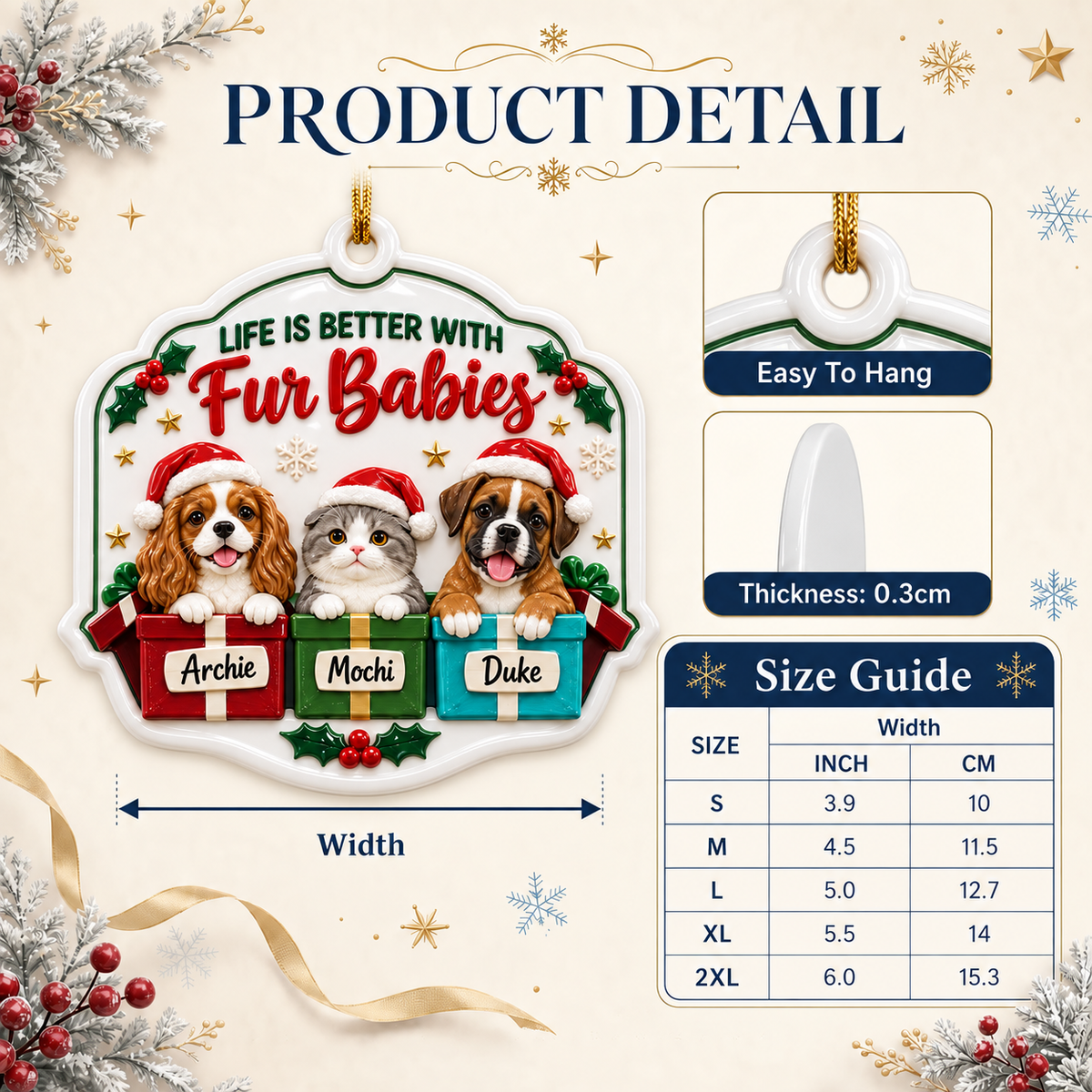 Pet Christmas Tree Hanging Plaque with Dogs, Cat in Santa Hats, Holiday Gift Boxes - 3D Relief Ornament